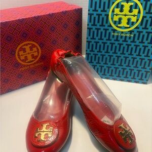 Tory Burch Red Flats with Gold Logo size 7